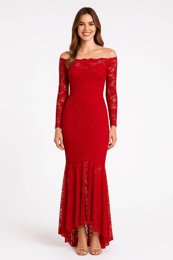 Floral Bodycon Red Lace Off-Shoulder Maxi Dress