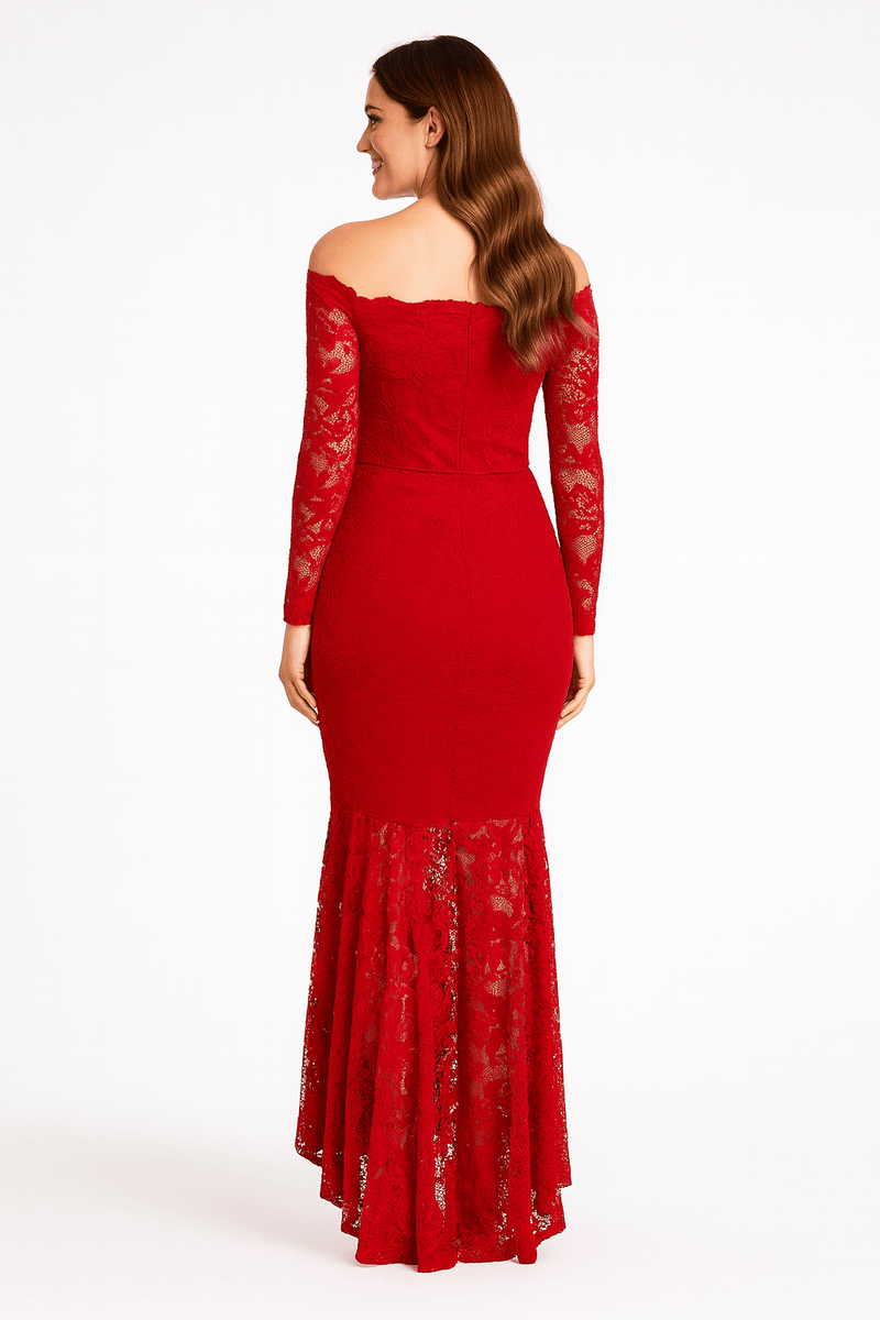 Floral Bodycon Red Lace Off-Shoulder Maxi Dress
