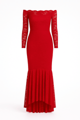 Floral Bodycon Red Lace Off-Shoulder Maxi Dress