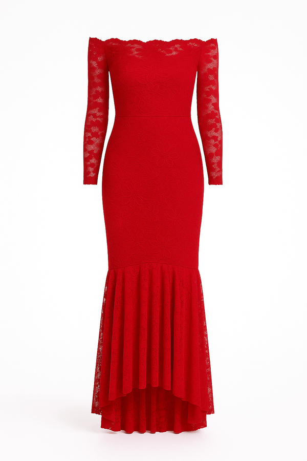 Floral Bodycon Red Lace Off-Shoulder Maxi Dress