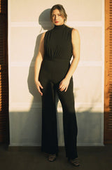 Scuba High Neck Tie Waist Wide Leg Jumpsuit