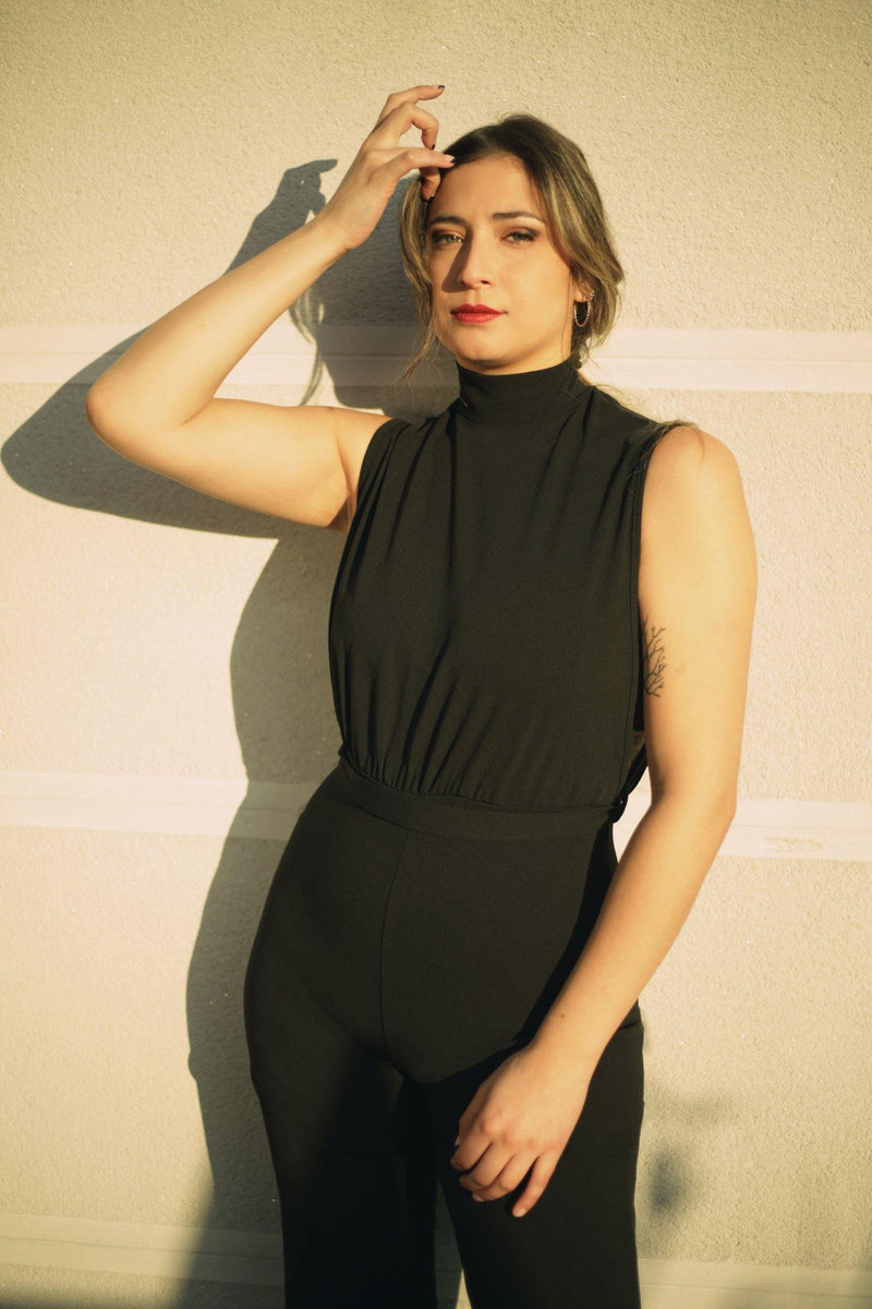 Scuba High Neck Tie Waist Wide Leg Jumpsuit