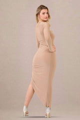 One-Shoulder Asymmetrical Ruched Midi Bodycon Dress