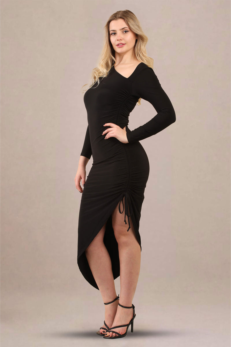 One-Shoulder Asymmetrical Ruched Midi Bodycon Dress