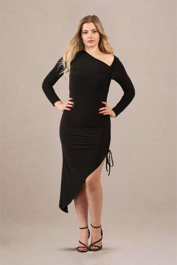 Asymmitrical Ruched Midi Dress - Midi Dress - Avinci