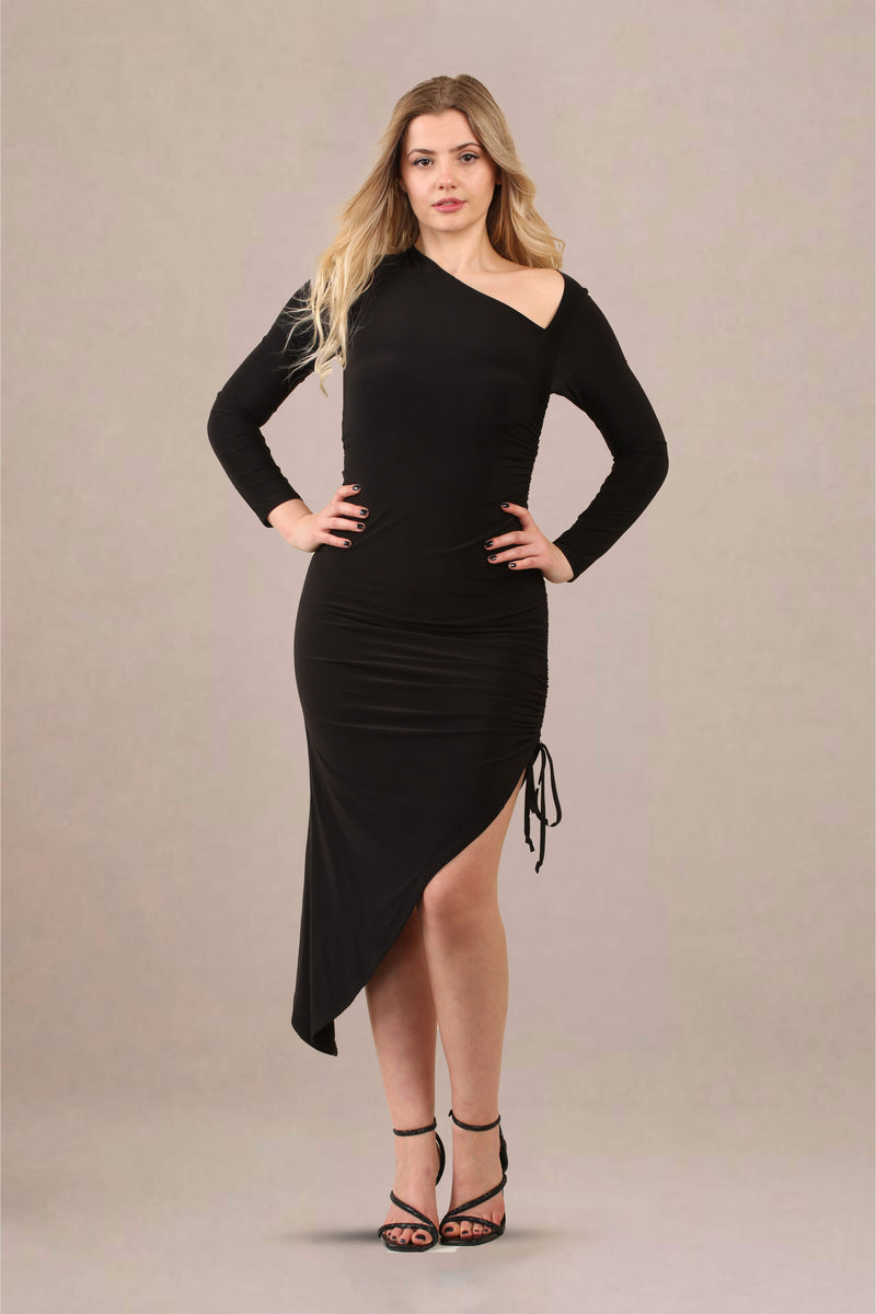 One-Shoulder Asymmetrical Ruched Midi Bodycon Dress