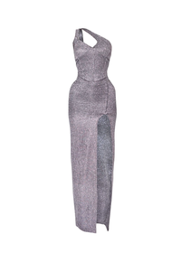 Silver Shimmer Textured One Shoulder Cut-out High Slit Maxi Dress