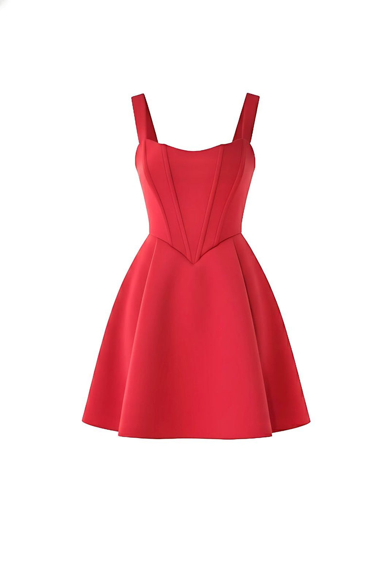 Red Square Neck Corset Fit & Flared Mini Dress
