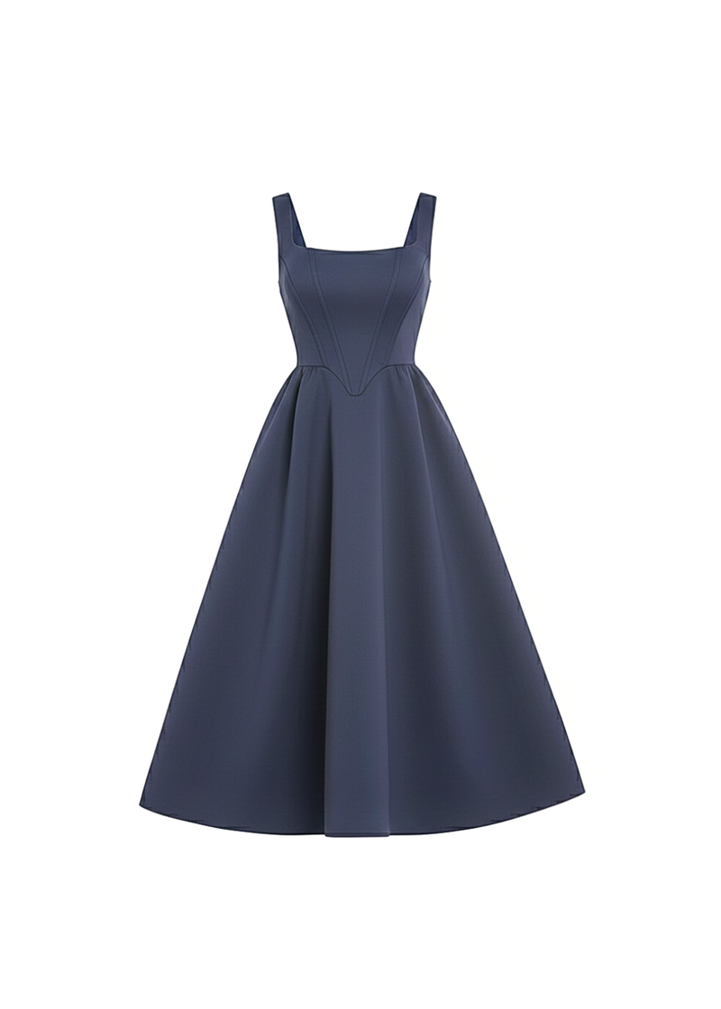 Navy Square Neck Corset Fit & Flared Midi Dress
