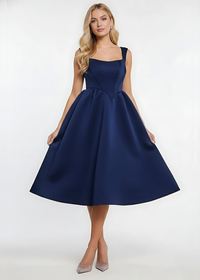 Navy Square Neck Corset Fit & Flared Midi Dress