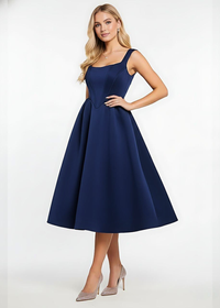 Navy Square Neck Corset Fit & Flared Midi Dress