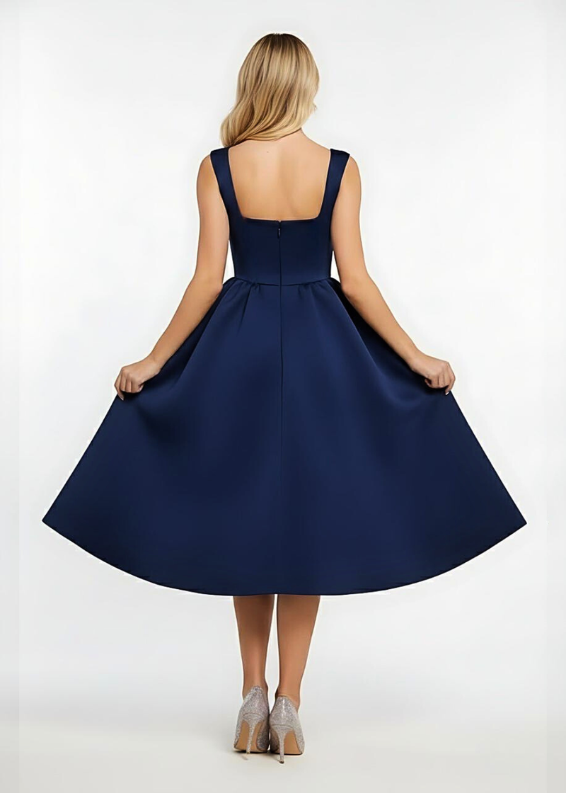 Navy Square Neck Corset Fit & Flared Midi Dress