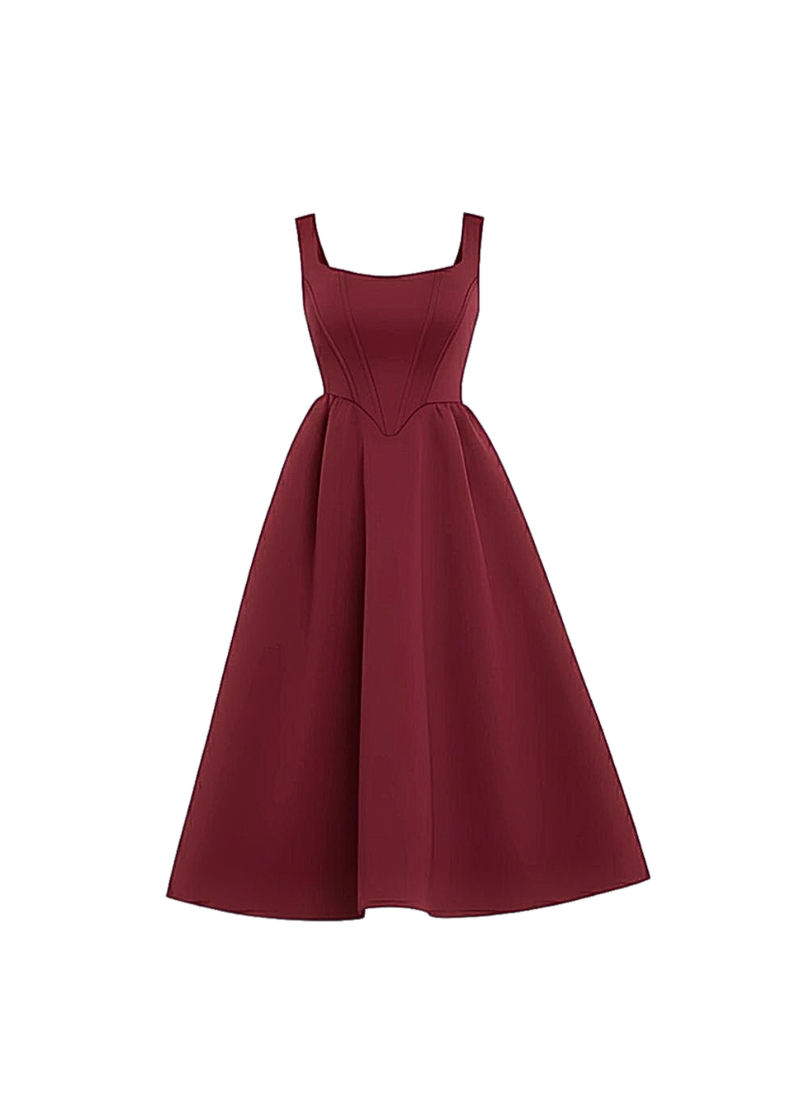 Wine Square Neck Corset Fit & Flared Midi Dress
