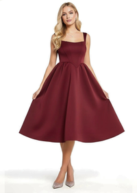 Wine Square Neck Corset Fit & Flared Midi Dress