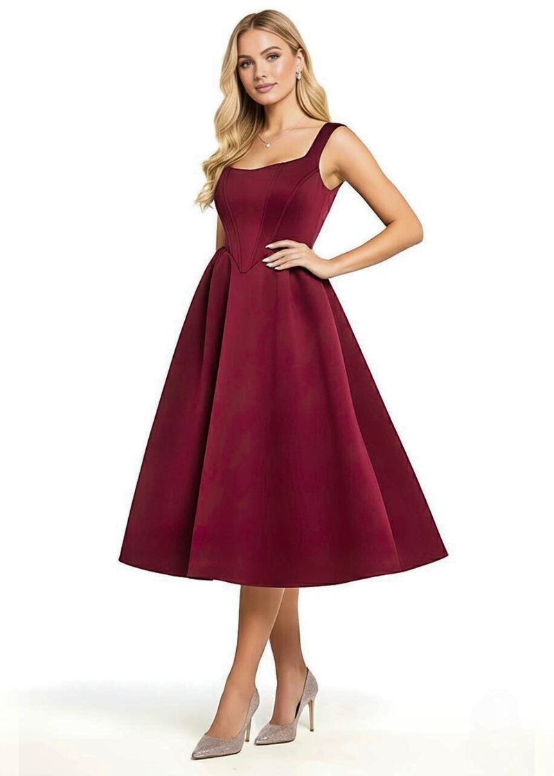 Wine Square Neck Corset Fit & Flared Midi Dress