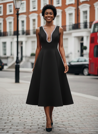 Black Embellished Deep V Flare Dress – Luxe Midi Edition