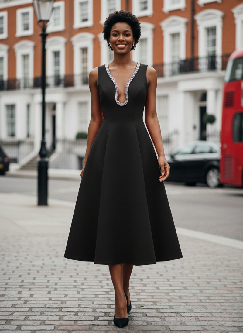 Black Embellished Deep V Flare Dress – Luxe Midi Edition
