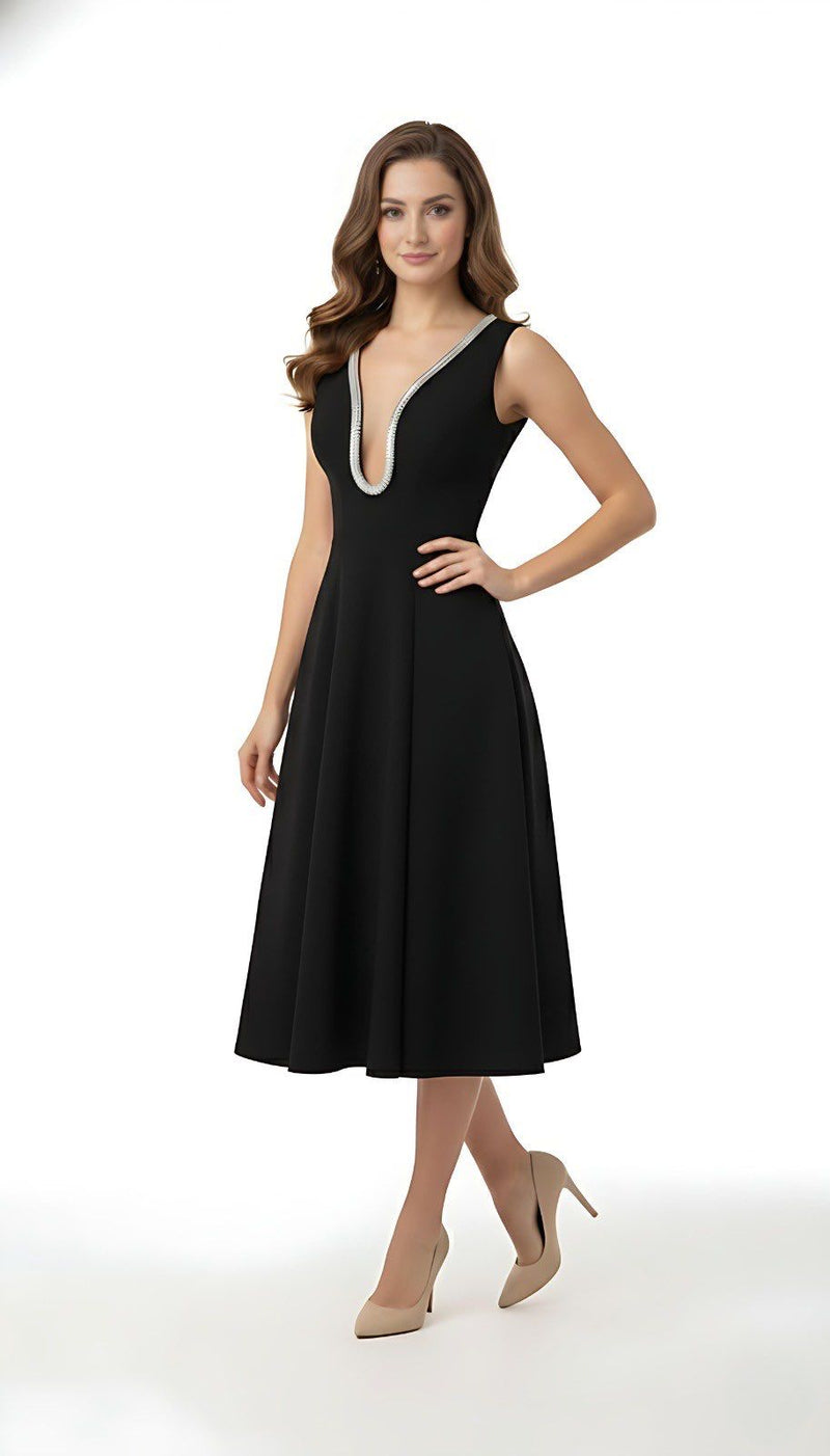 Black Embellished Deep V Flare Dress – Luxe Midi Edition