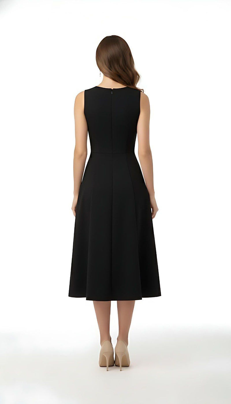 Black Embellished Deep V Flare Dress – Luxe Midi Edition