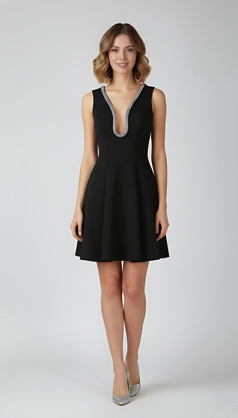 Black Embellished Deep V Flare Dress – Luxe Mini Edition