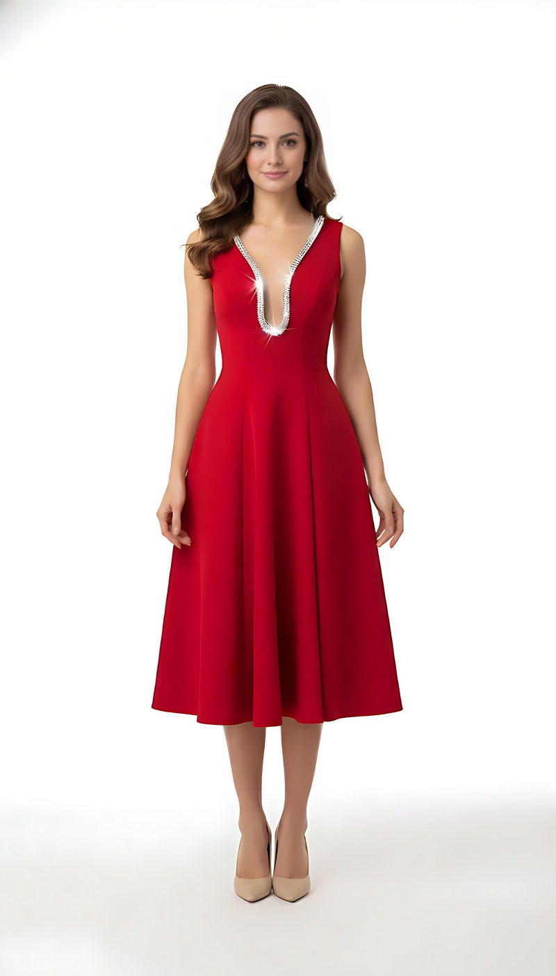 Red Embellished Deep V Flare Dress – Luxe Midi Edition