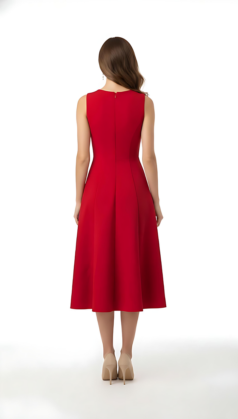 Red Embellished Deep V Flare Dress – Luxe Midi Edition