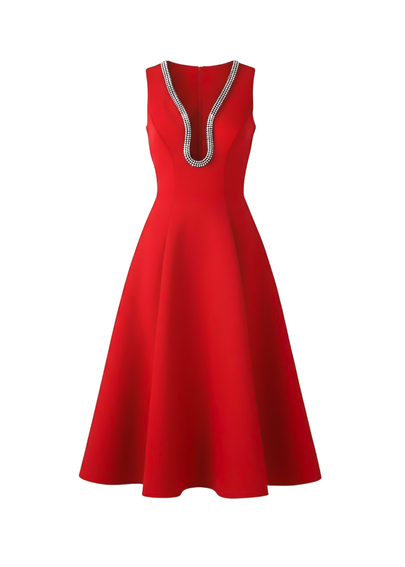 Red Embellished Deep V Flare Dress – Luxe Midi Edition