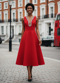 Red Embellished Deep V Flare Dress – Luxe Midi Edition