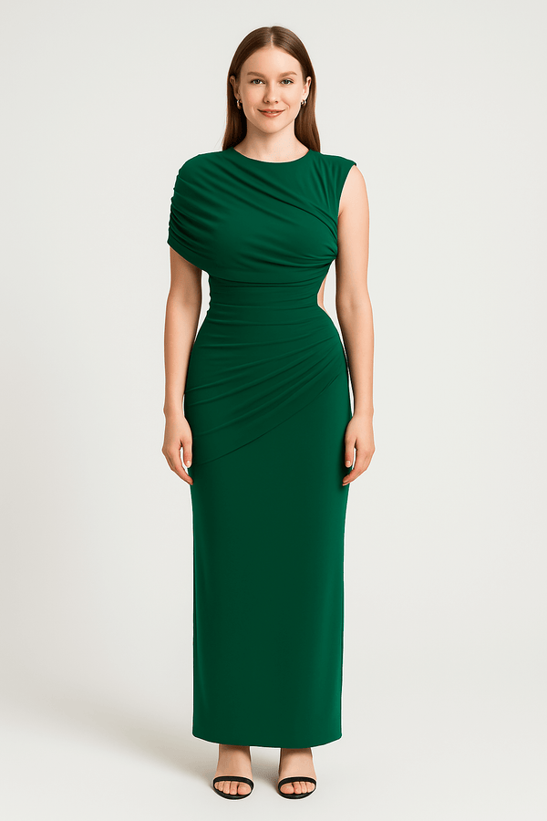 Draped Slim Fit Jersey Asymmetric Maxi Dress