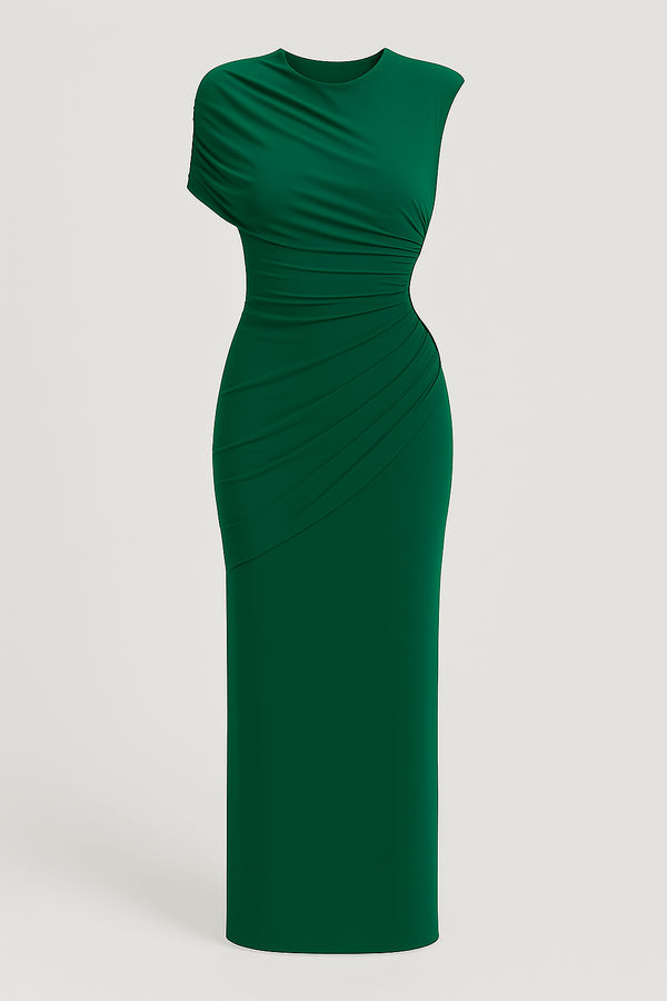 Draped Slim Fit Jersey Asymmetric Maxi Dress