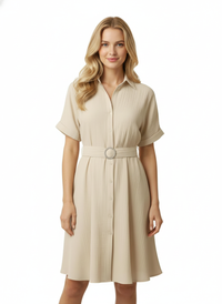 Beige Stylish Circle Buckle Waist Belt Collared A-Line Dress