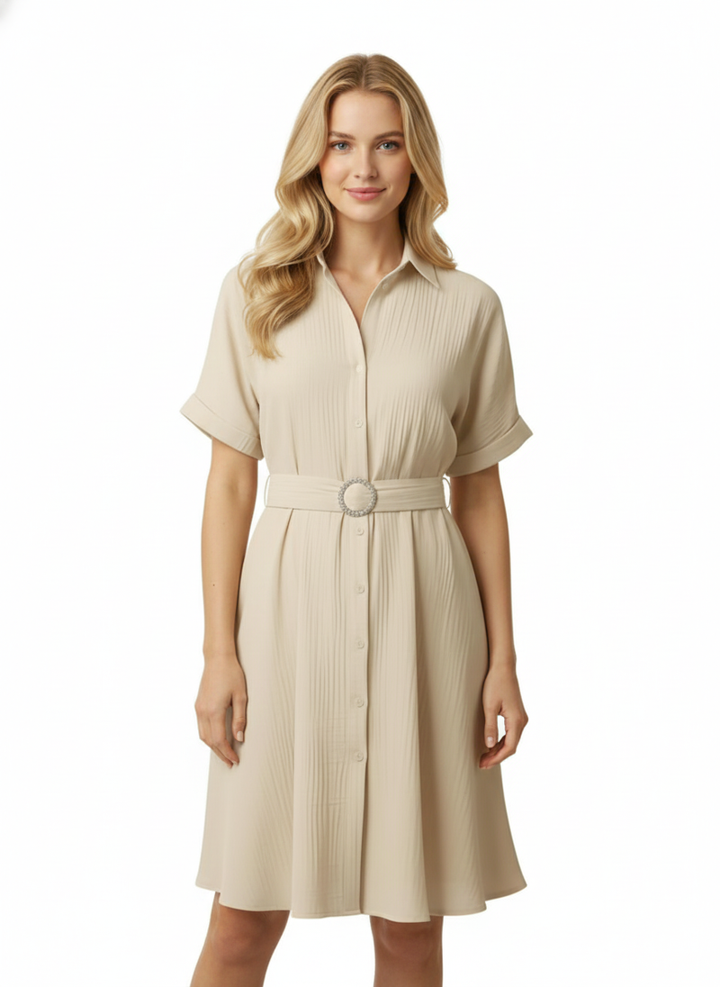 Beige Stylish Circle Buckle Waist Belt Collared A-Line Dress