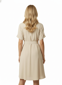 Beige Stylish Circle Buckle Waist Belt Collared A-Line Dress