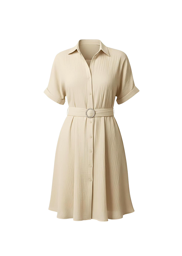 Beige Stylish Circle Buckle Waist Belt Collared A-Line Dress