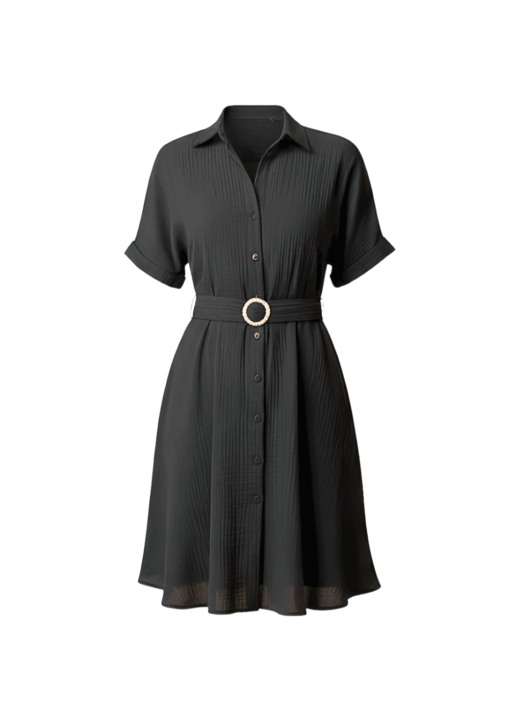 Black Stylish Circle Buckle Waist Belt Collared A-Line Dress