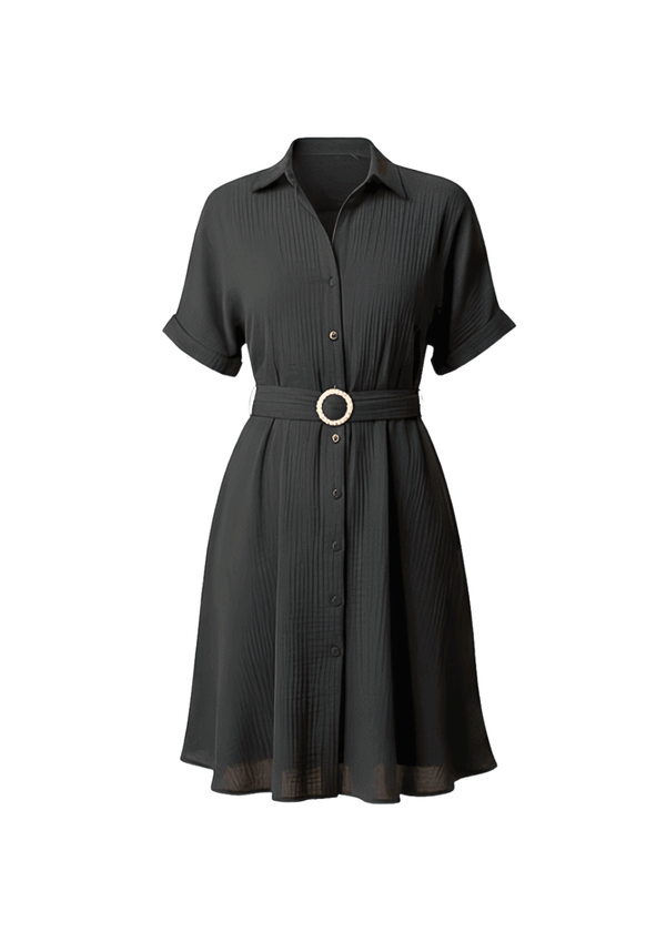 Black Stylish Circle Buckle Waist Belt Collared A-Line Dress