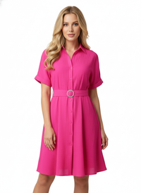 Fuchsia Pink Stylish Circle Buckle Waist Belt Collared A-Line Dress