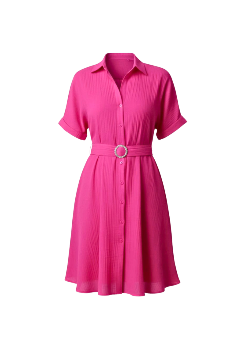 Fuchsia Pink Stylish Circle Buckle Waist Belt Collared A-Line Dress