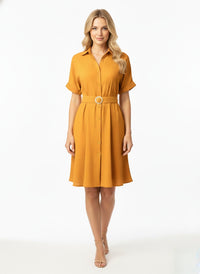 Mustard Yellow Stylish Circle Buckle Waist Belt Collared A-Line Dress