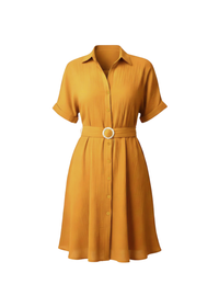 Mustard Yellow Stylish Circle Buckle Waist Belt Collared A-Line Dress