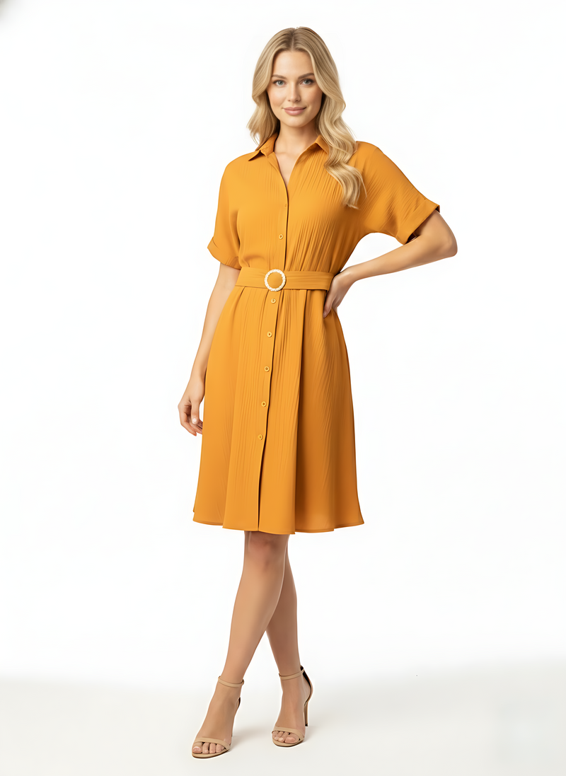 Mustard Yellow Stylish Circle Buckle Waist Belt Collared A-Line Dress
