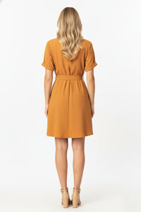 Mustard Yellow Stylish Circle Buckle Waist Belt Collared A-Line Dress
