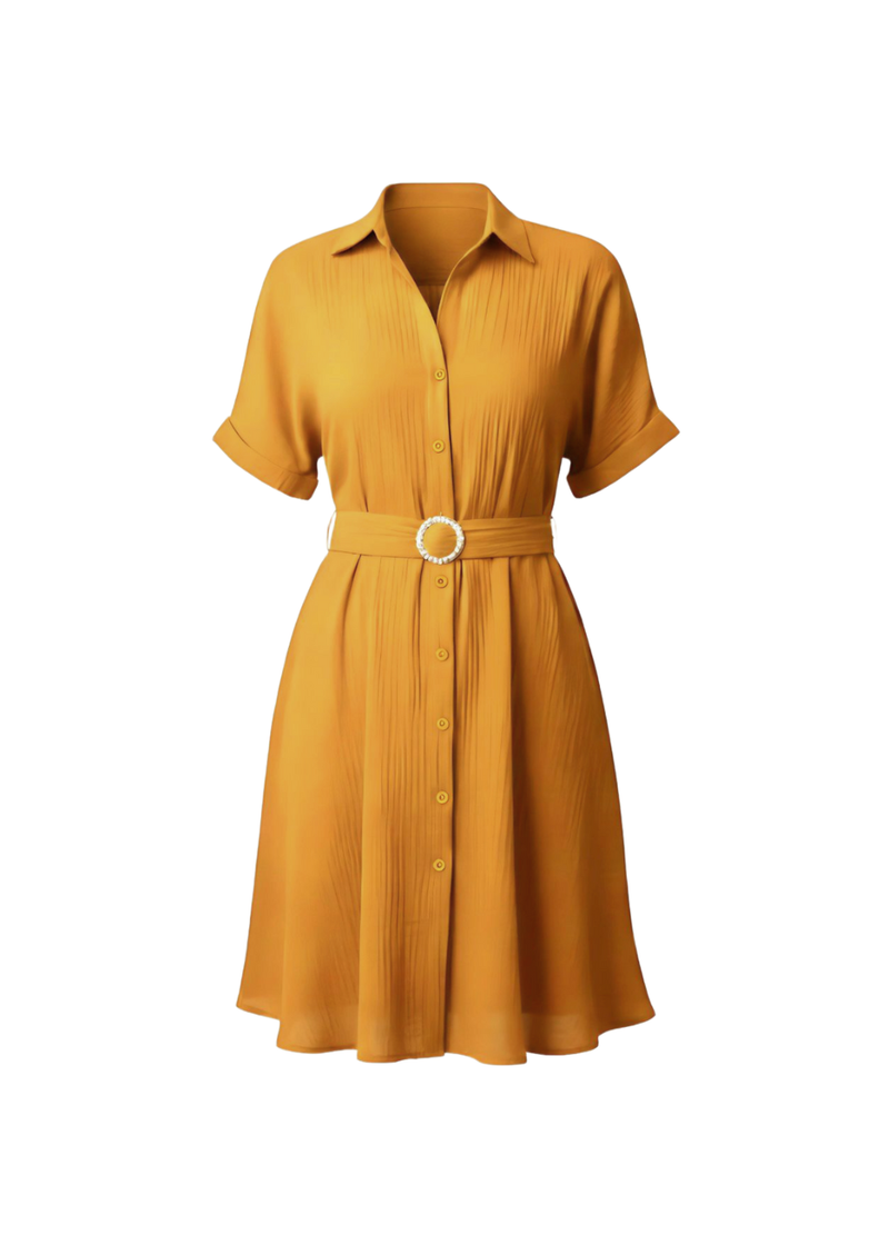 Mustard Yellow Stylish Circle Buckle Waist Belt Collared A-Line Dress