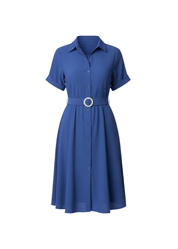 Royal Blue Stylish Circle Buckle Waist Belt Collared A-Line Dress