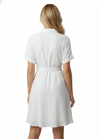 White Stylish Circle Buckle Waist Belt Collared A-Line Dress