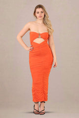 Ruched Bodycon Fit Slinky Bandeau Midi Dress