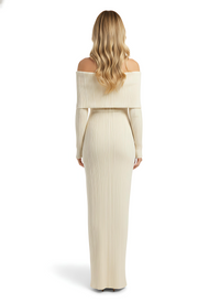 Cream Folded Bardot Neckline Ribbed Knit Off Shoulder Dress