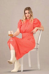 Vintage-Inspired Puff Sleeves Polka Dot Midi Dress