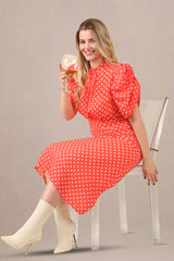 Vintage-Inspired Puff Sleeves Polka Dot Midi Dress