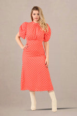 Vintage-Inspired Puff Sleeves Polka Dot Midi Dress